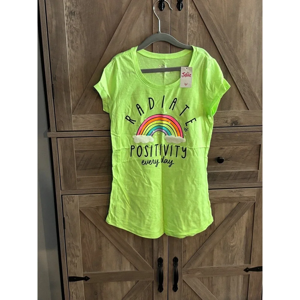 Justice Girls Neon Lime Green Radiate Positivity Rainbow Graphic Tee Shirt Sz 10